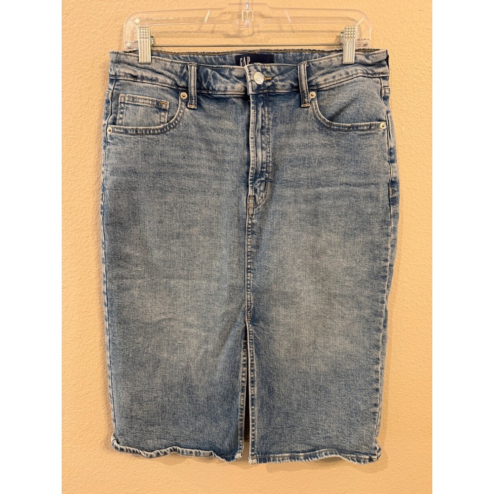 GAP Denim Pencil Skirt Light Wash Distressed Frayed Hem‎ Midi Size 8 29